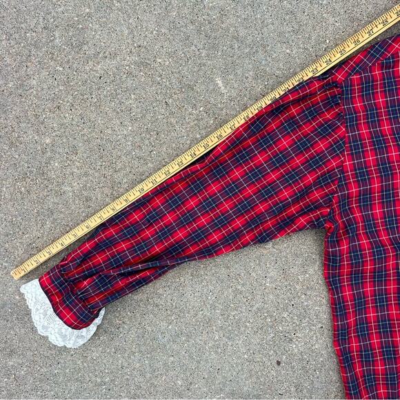 VTG Ms. Sero Red Poplin Christmas Plaid Ruffle Lace L/S Button Up Blouse Size 10 - Picture 6 of 7